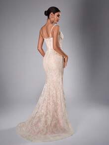 新款女士无肩带珍珠蕾丝拼接高开衩优雅晚礼服，修身性感吊带长裙，适合订婚、婚礼、晚宴、圣诞节、新年、感恩节派对等场合 - 白色 - 查看 3