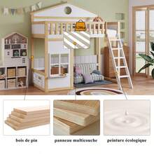 Etagenbett, Hausbett, mit Treppe, mit Rausfallschutz und Geländer, mit Dach und Fenster, Lattenrost frei gestaltbar, Rahmen Kiefer, Kiefer + MDF, weiß + natur, 90 x 200 cm