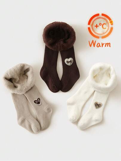 [Automne/Hiver] 1/2/3 paires de collants pour filles, décor de cœur et nœud, leggings souples, doux et moelleux en polaire fine, convenant pour le port quotidien en automne/hiver, la rentrée scolaire, les voyages, les vacances - couleur aléatoire