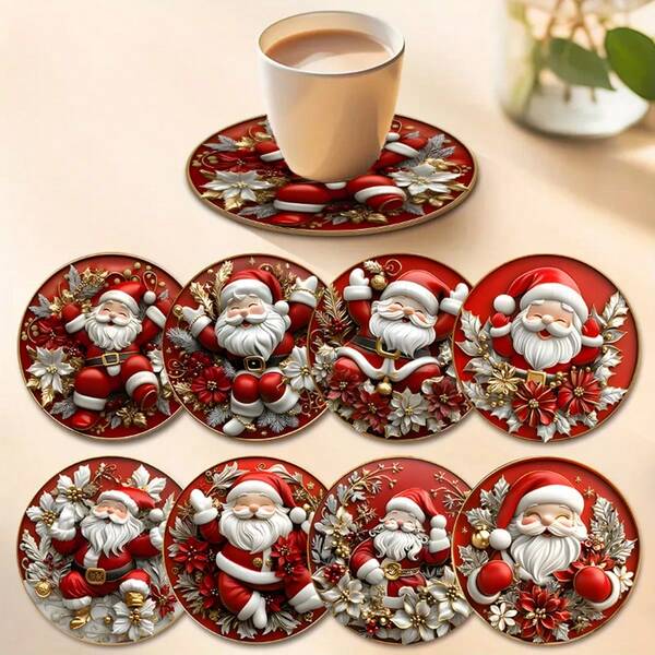 8pcs - Round Wooden Coasters, Made Of Synthetic Wood, Are Ideal For Holiday Gifting. This Kitchen Accessory Set Is Perfect For Holiday Home Decor And Festive Tableware, And Is Suitable For Coffee Tables, Apartments, And Bars For Placing Cups And Beer Mugs. It Can Also Be Used As Decorative Wall Art.