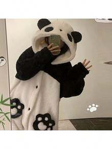 舒适珊瑚绒熊猫连帽睡衣，华丽风格可穿戴熊猫连帽毛毯，舒适法兰绒厚毛绒睡袍睡衣 | 柔软温暖 | 冬季睡袍 | 家居服 | 秋冬 | 可机洗涤纶均码适合大多数成人 - 电视躺椅和家居服、床、沙发 - 可爱熊猫