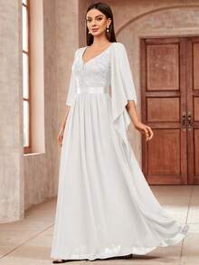 MIUSOL Deep V-Neck Sequin Patchwork Floral Lace Chiffon Formal Party Maxi Dress, Elegant Women's Party Gown - White - View 6