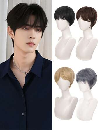 Peluca corta para hombre, peluca natural con flequillo, peluca con raya al medio estilo coreano para hombre, peluca sintética resistente al calor