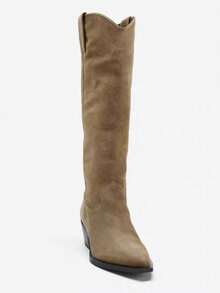 2025秋季新款女士高筒尖头中跟皮靴[5厘米鞋跟高度]，牛仔靴 - 卡其色 - 查看 3