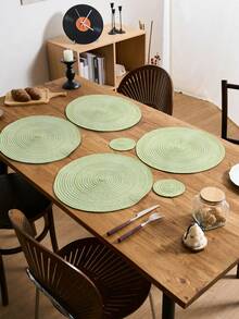 1/4/6/12pcs Bohemian Style Woven Placemats, Round Solid Color Dining Table Mats For Kitchen, Bowls, Cups, Suitable For Holidays, Parties, Birthdays, Vintage, Countryside, Outdoor, Home Decor, All Seasons - Green - View 5