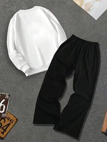 Disney 男士街头风米奇印花连帽衫和喇叭裤两件套，男友/老公礼物，周年纪念礼物，卫衣 - 黑與白 - 查看 4