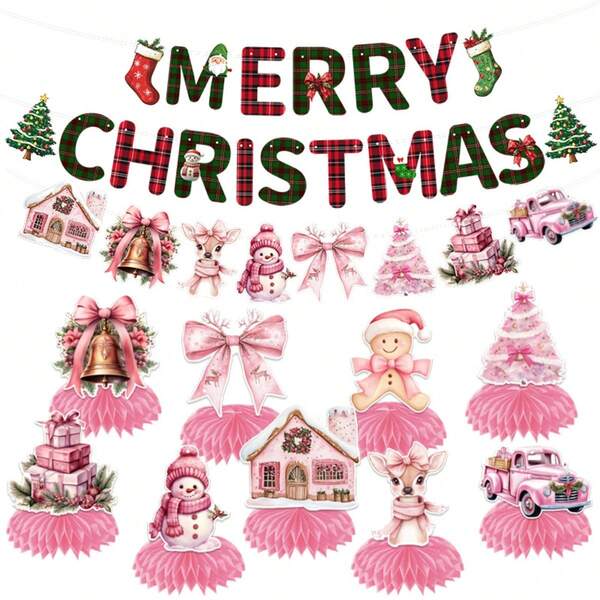 9/14/32pcs Christmas Honeycomb Decorations, Pull Flags, Table Decorations, Christmas Party Decoration Honeycomb, Party Supplies Decoration, Table Props, Atmosphere Decoration Props, Christmas Table Decorations Honeycomb Centerpieces, Double Side Xmas Holidays Table Centerpieces Cute Santa Snowman Table Toppers Decor For Christmas Party Supplies