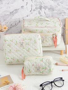Lily Of The Valley Print Makeup Bag Foam Quilted Cosmetics Storage Bag Fresh Green Flower Pattern Toiletry Bag Large Capacity Cosmetics Storage Bag Set Portable Handheld Travel Makeup Pouch Pink Bow Decor Skincare Storage Bag Girlish Makeup Clutch Bag - Green - View 12