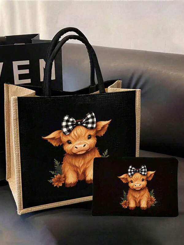 Hochland Kuh schwarze Leinen Handtasche, charmante Hochland Kuh Muster Handtasche und passendes Make-up Tasche/Münzbörse, Muttertags Geschenk, personalisierte Geschenktüte, Pendler Tasche mit Schnalle und Reißverschluss Kosmetiktasche, geeignet für Hochzeiten, Geburtstage, Strände, Urlaube, es ist das perfekte Geschenk für Frauen, Mütter, Lehrer, Freunde, Brautjungfern, große Taschen, Studenten und Rückkehr zur Schule, geeignet für Naturliebhaber und Frauen, Weihnachtsgeschenke, Tasche, Reise, Geschenke für Frauen, Frauennotwendigkeiten, Reiseessentials, Tasche, Clutch / kleine Handtasche, Necessaire, Make-up Organizer, Make-up Organizer, Tasche, Pinseletui, Mini Tasche, Tasche mit großer Kapazität