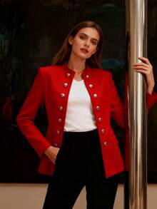 Women's Simple And Elegant Double-Breasted Button-Front Blazer - Women's Work Jacket. Stylish Long-Sleeved Jacket With Office-Style Faux Pockets. Black Polyester Jacket With Flap Pockets. - Red - View 4