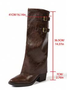 New Fashion Thick Sole Chunky Heel Leather Material Metal Buckle Decor Multi-Functional Comfortable Riding Boots, Knee-High Boots, Outdoor Boots, Flared Leg Boots, Boots, Pleated Boots, Suitable For Music Festivals And Halloween - Brown - View 8