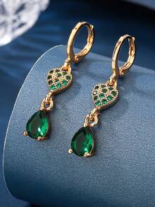 1 Pair 18K Gold Plated Copper Zirconia Heart & Green Water Drop Fashion Earrings, Suitable For Women's Daily Wear, Gift For Birthday Or Holiday - Yellow Gold - View 5