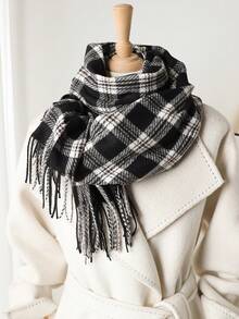 1 pieza Elegante bufanda/echarpe de mujer a cuadros multicolor con flecos de imitación de cachemira, Chal/pashmina de cachemira, Bufanda de cuello unisex estilo grueso y casual para el invierno, Chal envolvente para mujer, Suave y cómoda, Para uso diario y salidas, así como regalos navideños para miembros de la familia