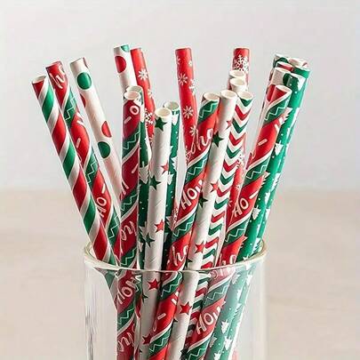 100/200pcs Christmas Themed Disposable Paper Straws, 7.75 Inch - Holiday Party & Home Decor, For Coffee And Beverages, Christmas Party Straws, White Disposable Paper Straws With Holly, Pine, And Candy Canes - For Holiday Decorations, Christmas Parties, Home, And Table Setting - Compatible With Standard Cups - Holiday Table Decorations