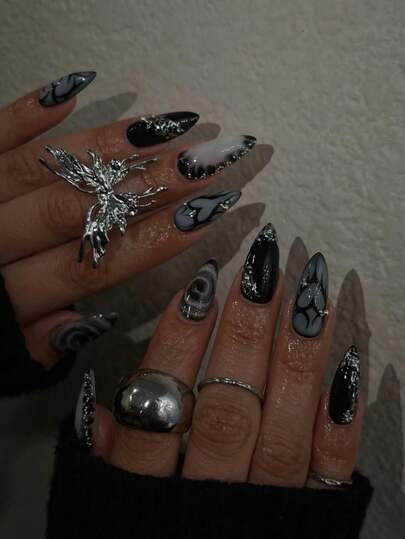 24 قطعة طقم فن الأظافر بطراز قوطي داكن + عناصر داكنة + زينة من الراين اللامع، فلتر غامض مندمج على أطراف الأصابع، مناسب للمواعيد اليومية وحفلات الشاي بعد الظهر والخروجات