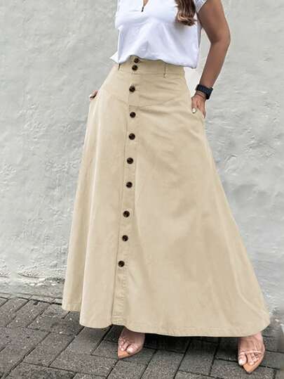 Falda larga de cintura alta y corte en A de unicolor elegante para mujer con bolsillos y abertura con botones en la parte delantera, de moda y práctica, adecuada para primavera, verano, otoño e invierno