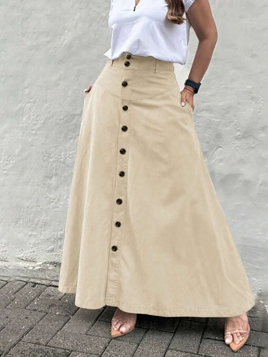 女士优雅纯色高腰中长 A 字裙，带口袋和纽扣前开衩，时尚实用，适合春夏秋冬 - 杏色 - 查看 1