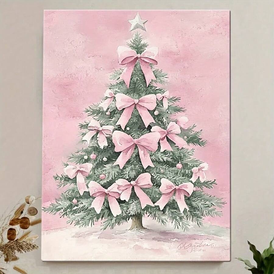 Un cuadro con marco de madera que representa un árbol de Navidad adornado con lazos rosas, adecuado como arte decorativo para la sala de estar, el dormitorio y