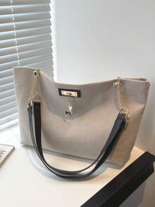 Women's Large Capacity Handbag, Fashion Chain Shoulder Bag, New Fashion Underarm Bag, Retro Linen Tote Bag - Black - View 2