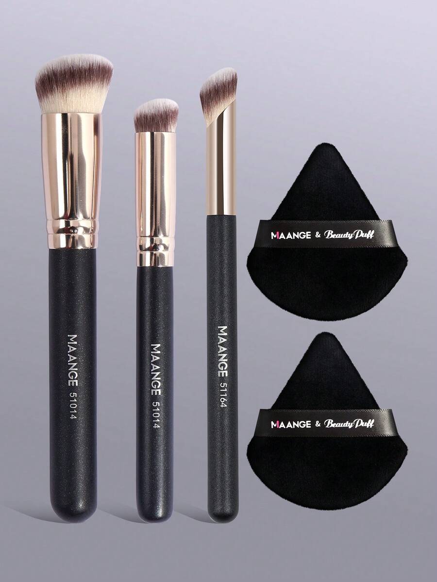 MAANGE 5pcs Makeup Brush Set, 3 Brushes + 2 Makeup Sponges, Foundation Brush, Concealer Brush, Soft Bristle Cosmetic Tools, Suitable For Travel, Christmas Gift