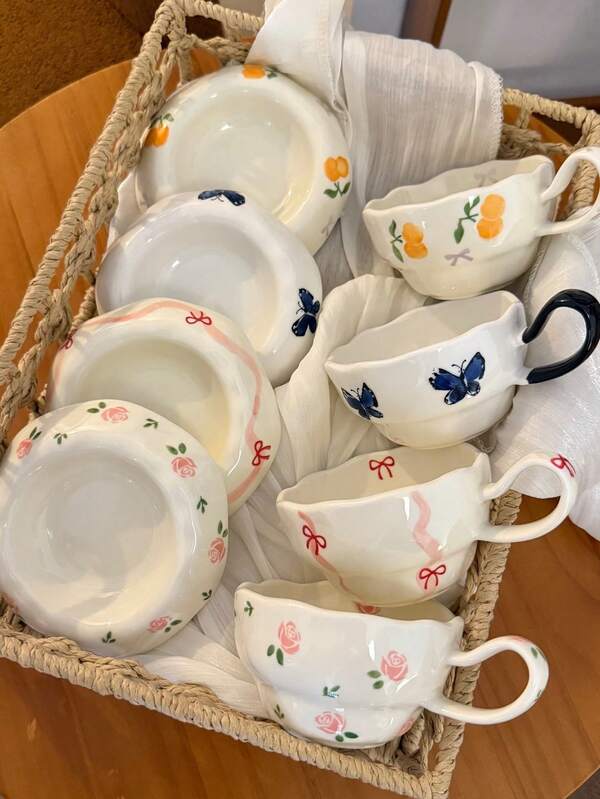 1 Stück französische Blumen Tasse & Untertasse, Blumen Tasse, Rose Schmetterling Einzeltasse, geeignet zum Aufbrühen von Blumentee, Schwarztee, Nachmittagstee und Kaffee, passend für Kaffee- & Teesets und Heimteesets, zum Aufbewahren von Süßigkeiten, Geschirr und Gelegenheitsgeschenken, Heimdekoration, für den Außenbereich und Camping, Muttertagsgeschenk