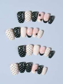 Bộ 24 móng tay giả ngắn hình oval, hình ngôi sao và chấm bi kiểu Pháp, làm từ acrylic, vừa vặn hoàn hảo. Bao gồm: 1 gel dán và 1 dũa móng. Dễ dàng sử dụng, kiểu móng Pháp cho nữ, bé gái, thích hợp đi làm hàng ngày, dự tiệc. - Nhiều màu - Xem 4