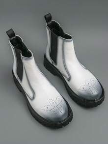 男士高帮皮革牛仔靴，时尚休闲厚底踝靴，百搭街头风格 - 白色 - 查看 7