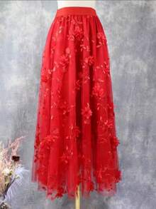 Summer Three-Dimensional Floral Elegant Tulle Skirt - Rojo - Ver 2