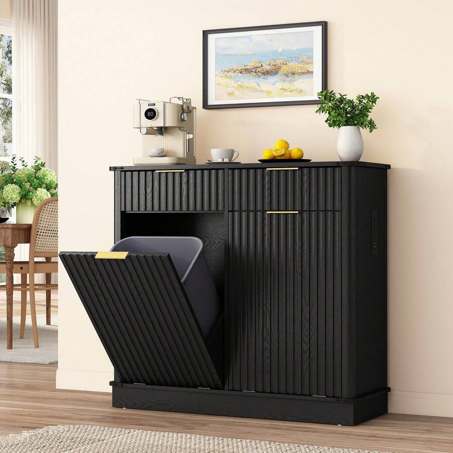 Double Tilt Out Trash Cabinet,Fluted Laundry Hamper Cabinet With 2 Drawers And Charging Station 20 Gallon Wooden Hidden Garbage Can Cabinet For Kitchen & Living Room Arc Design - Black - View 1