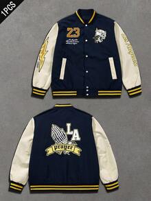 Men's Long Sleeve Casual College Style Patch Button Baseball Jacket, Fall Men Graphic Varsity Jacket, Christmas,Valentine's Day Gift