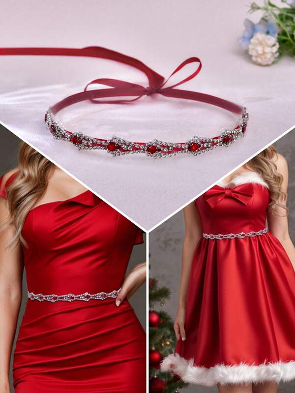 1 قطعة شريط أحمر أنيق مزين بالراين ستون للعروس، ديكور فاخر للخصر بالكريستال، إكسسوار موضة متعدد الاستخدامات لفستان الزفاف، عيد الميلاد