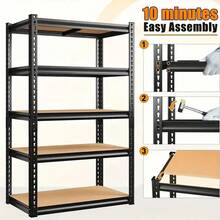 Heavy Duty 5-Tier Metal Garage Shelving Unit, 35.5inch W X 72inch H X 16inch D, Adjustable Storage Rack With Rolled Edge Design, 2500 Lbs Capacity, Easy To Assemble, Suitable For Garage, Pantry, Closet Or Office, Garage Accessories - 黑色 - 查看 5