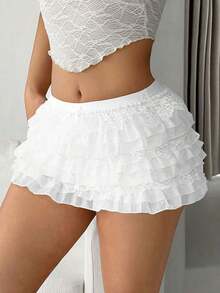 Women Y2k Lace Layered Mini Skirt Low Rise Ruffle Short Tiered Skirt Cute Aline Multi Layer Cake Skirts - 白色 - 查看 2