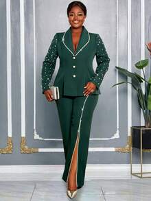 AOMEI Plus Size Women Green Solid Color Lapel Collar Long Sleeve Set : Beaded Shoulder Long SleeveJacket And Beaded Side Pants,Elegant For Party, Daily Wear, Fall/Winter,Suit