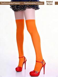 1 par de medias altas opacas, suaves y hasta la rodilla, adecuadas para regalos y uso diario - Naranja - Ver 12