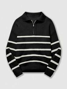 Men's Striped Contrast Color Sweater, Versatile For Autumn/Winter, Long Sleeve Top - Black - View 1