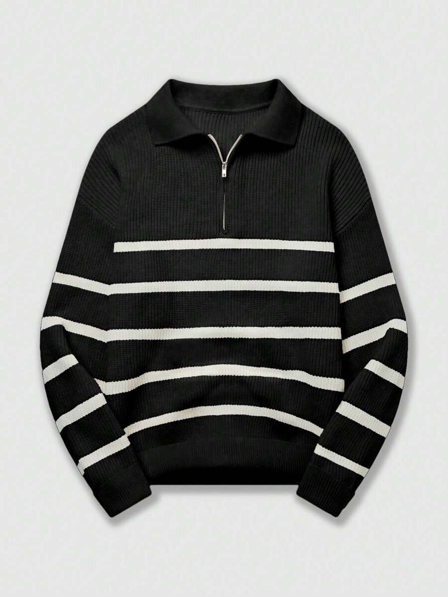 Men's Striped Contrast Color Sweater, Versatile For Autumn/Winter, Long Sleeve Top - Black - View 1