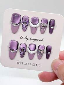 10 件紫色和绿色按压式纯手工法式猫眼秋季指甲 - 短棺材可重复使用假指甲，充满爱意，圣诞节指甲，万圣节指甲，易于涂抹的女性美甲，是派对婚礼日常的完美礼物 - 紫色 - 查看 15