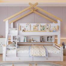 Beliche, duas gavetas com rodízios, corrimão decorativo requintado e design de telhado, escada inclinada de quatro andares, pinho + MDF, branco + natural, 90x200cm e 120x200cm