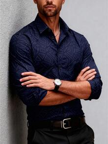 Men's New Arrival Business Geometric Patterned Slim-Fit Dress Shirt, Business Casual Shirt, Ideal For Workplace, Fall