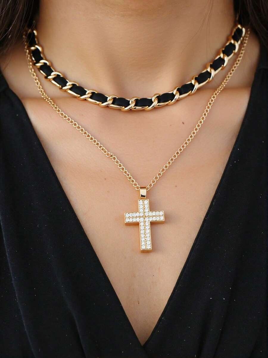 1 Women's Bohemian Style Interwoven Chain Necklace With Gold Diamond Cross Starfish Pendant, Butterfly Pendant - Gold-Plated Stacking Chain, Exquisite Everyday And Formal Jewelry, Bohemian Inspired Statement Piece, New Women's Necklace, Elegant Cross Necklace, Versatile Neckpiece Interwoven Design Suitable For Various Occasions Throughout The Year, - Style/Random - View 1