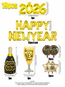 19 piezas/Set Decoraciones de Bandera de Fiesta de Año Nuevo 2026, Incluye Globos con Número 2026, Copas de Vino de Año Nuevo, Botellas de Vino, Globos de Pentágono, Globos con Letras, Adecuado para Decoraciones de Año Nuevo 2026, Suministros de Fiesta de Víspera de Año Nuevo 2026, Decoraciones Navideñas
