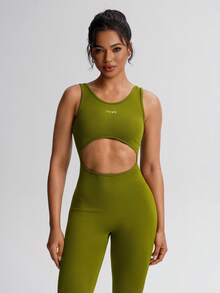 TCVC 女式无缝针织高弹力无袖露背收腹骑行瑜伽连体裤，时尚户外 - 橄欖綠 - 查看 6