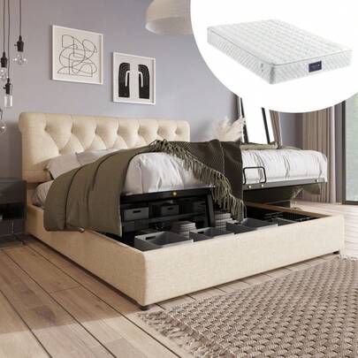 (=798075AAN)Łóżko tapicerowane hydrauliczne podwójne 160x200 cm, regulowany zagłówek, łóżko z metalową ramą z listew, nowoczesna rama łóżka z miejscem do przechowywania, kolor naturalny, materac w zestawie