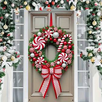 1pc Festive Polyester Christmas Door Cover Wreath Decoration Flag - Peppermint Candy Design With Red Bow For Home, Garden, Courtyard, Gate - Indoor/Outdoor Holiday Party Decor, 35.43 X 70.86 Inch, No Power Needed