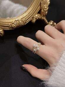 Wedding Jewelry Pearl, Double-Layered Rhinestone-Studded, Asymmetric, Adjustable Bride/Bridesmaid Open Ring, Also Suitable For Dating Or Couples Elegant - 金子 - 查看 5