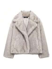 Crop imitatiebont damesmantel effen bontjas korte kunstbont jas lange mouwen winterjas dikke warme bontjas pluizig bontjas overgangsjas reverskraag winterjas outwear damesmantel, bruin, XL