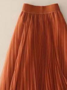 LuminousWealth Women's Elegant Pleated Mesh A-Line Skirt, Suitable For Casual Or Office Wear, Minimalist & Graceful | Polyester Mesh Skirt, Suitable For All Seasons, Great For New Year, Parties - Turmeric - View 6