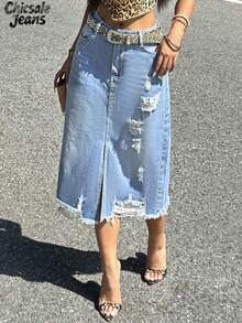 Gonna di jeans mini estiva casual con orlo sfrangiato e rovinato