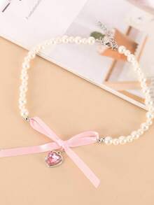 1pc French Pink Heart & Bow Pearl Necklace, Unique Design Sweet & Innocent Choker For Girls - Multicolor - View 2
